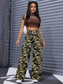 Jeanoix Camouflage Print Pocket Casual Versatile Wide Leg Jeans - Multicolor - View 3