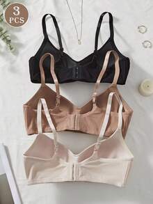 SHEIN 3cps Women's Comfortable Casual Ribbed Fabric Solid Underwear Without Underwire Soft Cup Anti-Sagging Bra