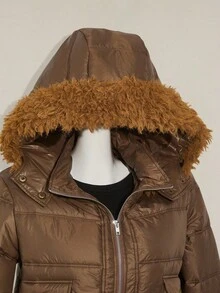 SHEIN ICON 女式保暖拉链连帽加厚毛边外套，冬季 - 棕色 - 查看 6