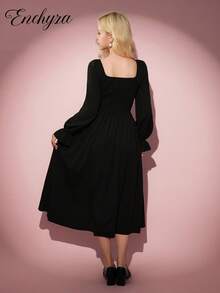 少女休闲优雅度假连衣裙，黑色紧身胸衣长袖修身连衣裙，适合万圣节、秋冬季 - 黑色 - 查看 2