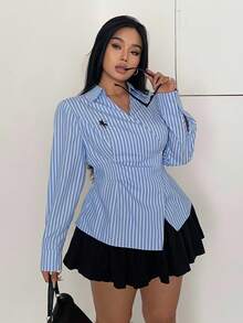 Flirla Plus Size Striped Embroidered Button-Down Long Sleeve Shirt, Autumn Fall Cloth For Women - Blue - View 4