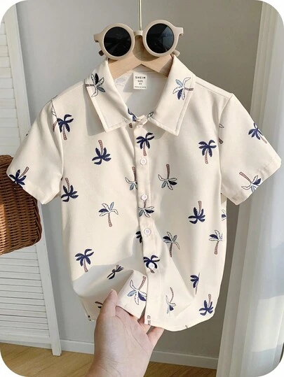 SHEIN 1 件男童休闲校园风格柔软、简单、百搭经典印花图案舒适短袖衬衫，适合日常穿着、上学、外出、春夏季