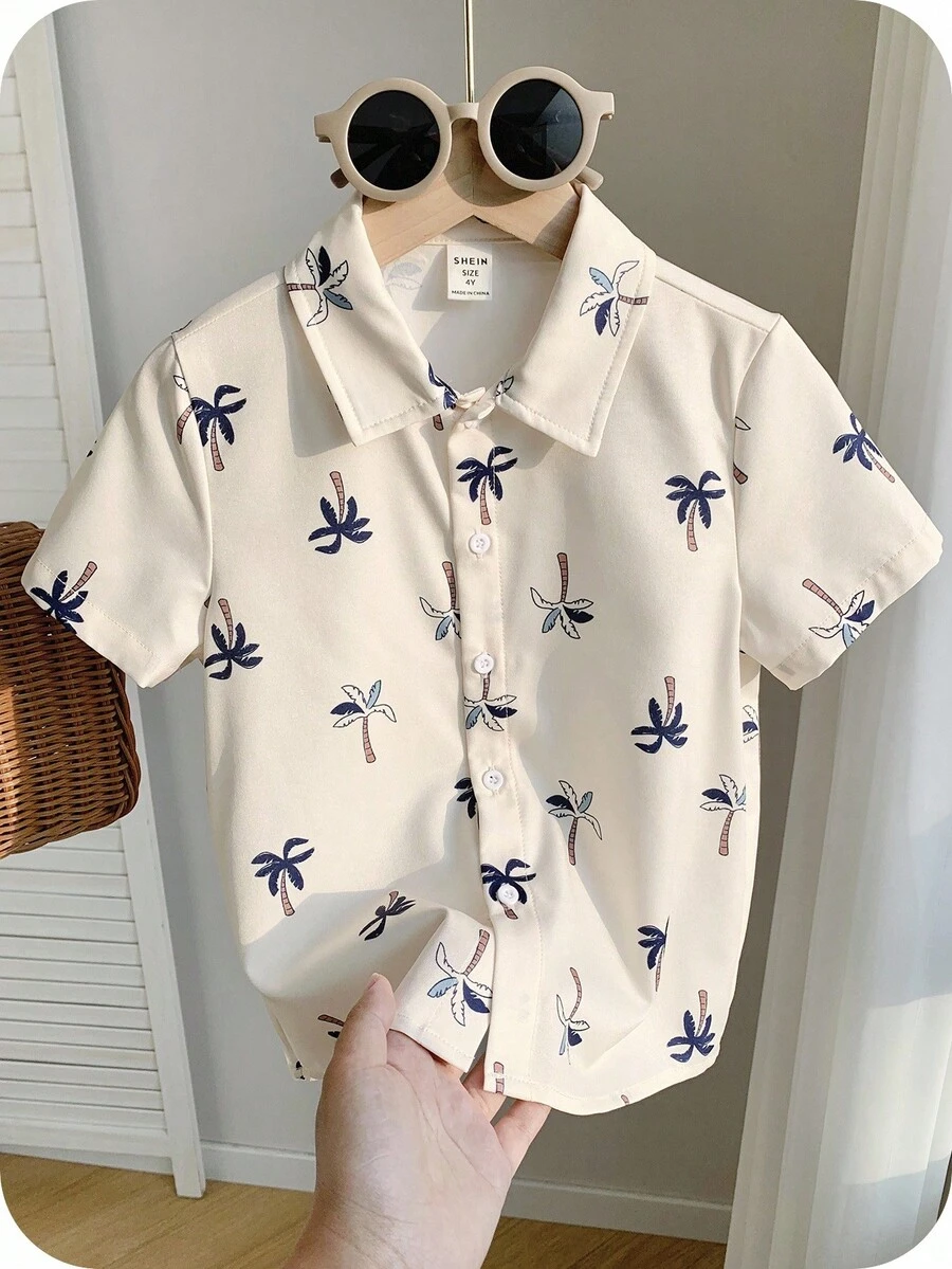 SHEIN 1 件男童休闲校园风格柔软、简单、百搭经典印花图案舒适短袖衬衫，适合日常穿着、上学、外出、春夏季