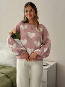 EURMUSE Damen Herzenmuster Rundhals Lässig Langarm Pullover und Strickjacke Hose 2-teiliges Set