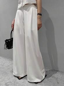 DAZY Women's Solid Color High Waist Pleated Loose Flowy Wide Leg Pants