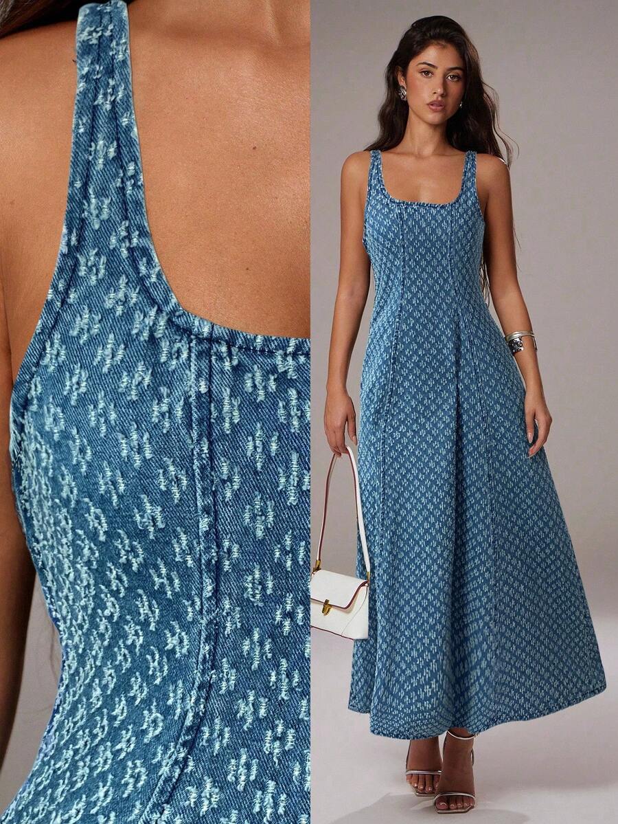 Avantive Trang phục Hawaii cho nữ, váy dã ngoại, trang phục câu lạc bộ, váy tiệc trà, trang phục tốt nghiệp, váy dự tiệc cho nữ, trang phục công sở cho nữ, váy cho phụ nữ phương Tây, váy denim jacquard dài thanh lịch dành cho quý cô - Rửa nhẹ - Xem 1