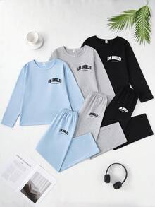 6pcs Tween Boys Casual Comfortable Pajama Set, Includes Long Sleeve Top With Fashionable Letter Print And Solid Color Relaxed Fit Pants Fall Winter - Multicolor - View 3