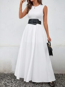 Zolique Women's Solid Color Round Neck Sleeveless Casual Commuter Dress - White - View 4