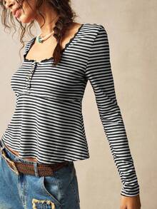 Bohemela Lässiges gestreiftes Damen T-Shirt mit Rundhalsausschnitt, Langarm und figurbetonter Passform