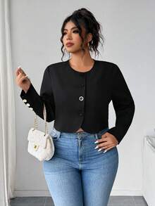 Elenzga Plus Size Black And White Women's Front Open Long Sleeve Jacket,Round Neck Curved Hem Hollow Bowknot,Elegant Office Autumn For Commuting Dates Outings - Black - View 7