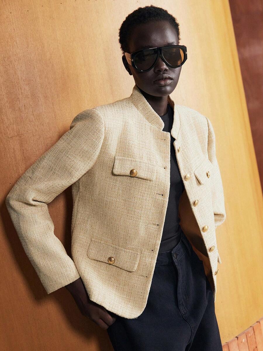 Lumivelle 粗花呢夹克，不对称纽扣，垫肩，修身剪裁，精致紧凑 - 卡其色 - 查看 1