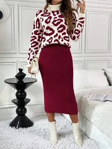 EMERY ROSE 2pcs Christmas & New Year Leopard Print High Neck Solid Color Fitted Knit Sweater & Skirt Set, Elegant & Comfortable For Women, Autumn/Winter - Burgundy - View 6
