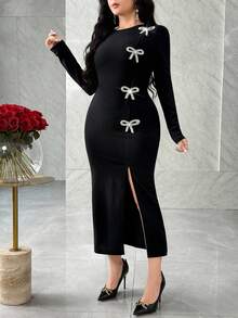 Modelyn Women's Rhinestone Bow Decor Long Sleeve Side Slit Hem Fitted Elegant Dress - Black - View 4