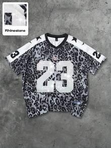 ROMWE MEN Prep 男士街头嘻哈美国城市名称标语印花复古动物图案豹纹背景运动短袖T恤，适合春夏季日常穿着 - 灰色 - 查看 8