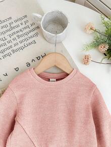 SHEIN LMoss Kids 2 st babyflicka casual stickad rosa långärmad topp och resårmidja byxor set, höst/vinter - Rosa - Visa 6