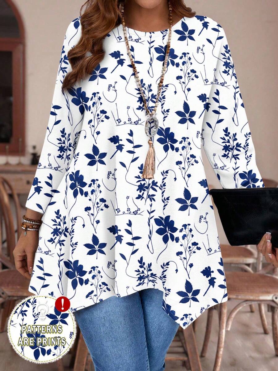 EMERY ROSE Áo thun cổ tròn tay 3/4 họa tiết hoa xanh trắng cỡ lớn dành cho nữ, dáng rộng, viền bất đối xứng, thường ngày - Nhiều màu - Xem 1