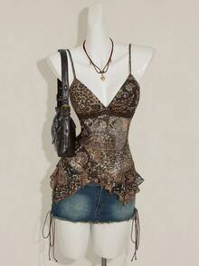 SHEIN ICON 女士复古佩斯利印花拼接不对称下摆可爱性感上衣，秋冬豹纹上衣，棕色上衣，动物纹上衣，蛇纹上衣，女士上衣，优雅时尚 - 摩卡棕 - 查看 5