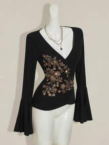 SHEIN ICON 女式长袖翻领喇叭袖复古上衣，舒适时尚，适合居家、旅行、秋冬穿着 - 黑色和金色 - 查看 6
