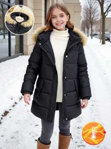 SHEIN Abrigo acolchado con capucha y puños elásticos para niñas, con cuello de piel, adecuado para vacaciones, salidas y vuelta al colegio