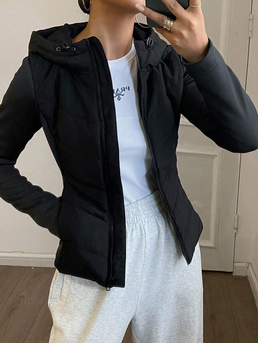 Livesso 女式修身拼布夹棉大衣，秋冬夹克 - 黑色 - 查看 1