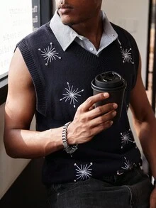 Manfinity EMRG Men's Snowflake Pattern V-Neck Casual Knitted Vest, Autumn - Multicolor - View 6