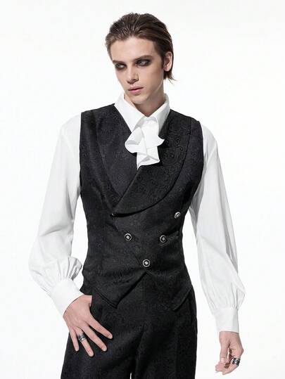 ROMWE MEN Men's Gothic Vest, Single Pocket Button Shawl Neck Halloween, Fall