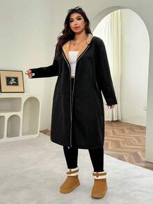 Solflare Plus Size Zip-Up Fleece Hoodie Jacket, Fashionable For Autumn/Winter - Black - View 4