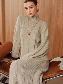 Uhlyne Women's Elegant Casual High Neck Solid Color Vintage Cable Knit Dress, Autumn/Winter - Apricot - View 1