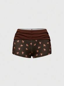 ROMWE Avant Women's Cute Deer Print Hooded Lace Patchwork Sweatshirt And Shorts 2 Pieces Set - Brown - View 5