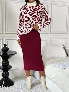 EMERY ROSE 2pcs Christmas & New Year Leopard Print High Neck Solid Color Fitted Knit Sweater & Skirt Set, Elegant & Comfortable For Women, Autumn/Winter - Burgundy - View 3