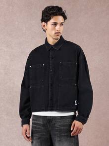 SUMWON 短款工装牛仔夹克，宽松长袖工装衬衫，带多个实用口袋，复古时尚外套，适合秋冬季穿着。 - 黑色 - 查看 3