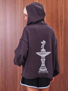 COUREZ V领水洗连帽衫，天使印花 / Y2K 秋季女装 秋季服装 可爱上衣 印花T恤 外出上衣 冬季服装 返校季 - 深灰色 - 查看 3