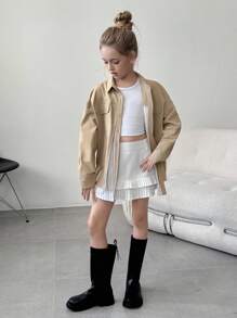 Tween Girl Casual Versatile Striped Patchwork Hoodie - Khaki - View 1