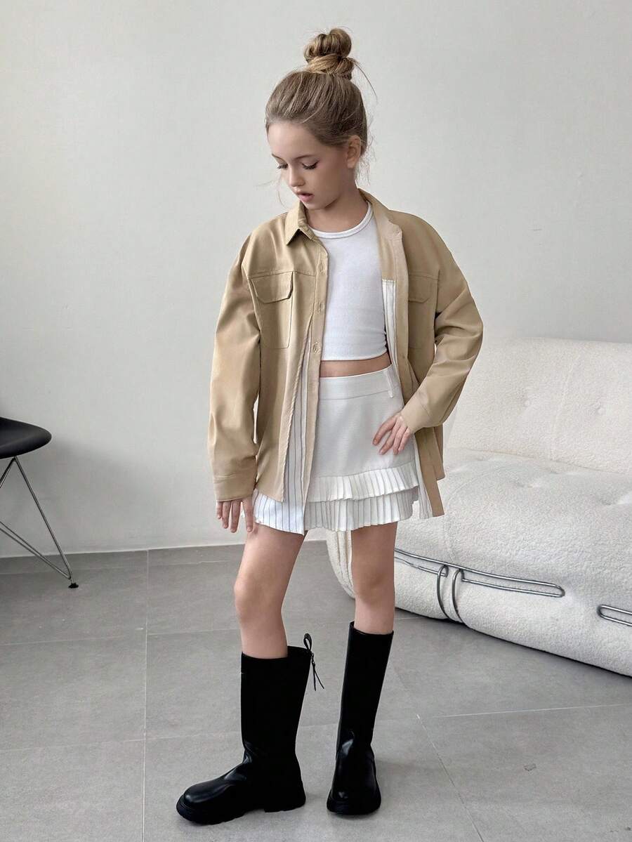 Tween Girl Casual Versatile Striped Patchwork Hoodie - Khaki - View 1