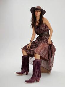 Styleloop CUCCOO Women's Pointed Toe Chunky Heel Fringe Studded Western Mid-Calf Boots - Burgundy - View 7