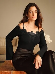 SHEIN X Jwoww Anewsta Women's Sexy Black Lace Trim Flare Sleeve Wool Sweater, Suitable For Dates And Outings, Autumn/Winter - Black - View 4