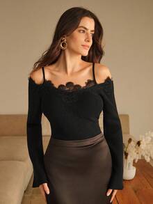 SHEIN X Jwoww Anewsta Women's Sexy Black Lace Trim Flare Sleeve Wool Sweater, Suitable For Dates And Outings, Autumn/Winter - Black - View 7