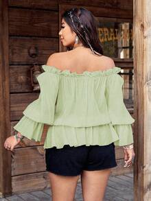 SHEIN LUNE 大码女式休闲度假风格纯色露肩前系带荷叶边袖荷叶边上衣，春秋季