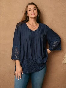 Rosumi 大码女装优雅休闲V领褶皱撞色蕾丝喇叭袖宽松优雅衬衫蓝色大码上衣大码波西米亚风上衣女装秋季服装大码秋季上衣女装波西米亚风服装 - 藏蓝色 - 查看 5