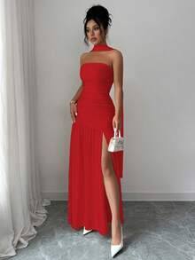 Elenzga Red Summer Elegant Party Fashionable Glossy Fabric Strapless Long Flowy Ruched Waist Slit Hem Dress For Weddings,Graduation Parties,Dates,Vacations - Red - View 5