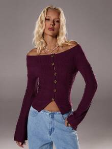 TRNVIE Slim Fit Off Shoulder Sweater, Solid Color Long Sleeve Women Cardigans - Purple - View 4