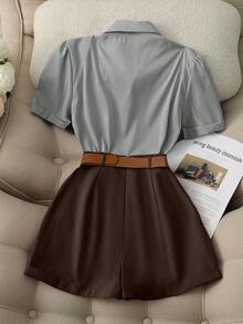 Franclia Fashion Casual Daily Versatile Commuting Blue Striped Shirt Collar Embroidery Short Sleeves Belt Decoration Khaki Wide-Leg Pants Shorts Women's Spring And Summer Two Pieces Suits Ladies Teacher Clothing Ladies Two Pieces Suit