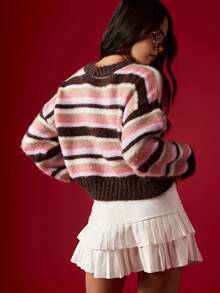 MISSGUIDED Striped Fuzzy Knit Winter Sweater Jumper Mock Neck Preppy Style Hairy Long Sleeve Color Block Pink Brown Chunky Pullover Fall Fashion Knitwear