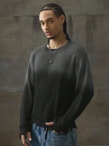 AXEPEAK Men's Casual Numeric Pattern Round Neck Drop Shoulder Long Sleeve Sweater, Autumn, For Fall Winter - Black - View 2