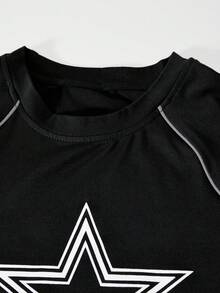 SHEIN 少女休闲T恤和裤子两件套，胸前印有白色星星图案，白色装饰抽绳，适合散步、购物、上学、演唱会穿着 - 黑色 - 查看 4