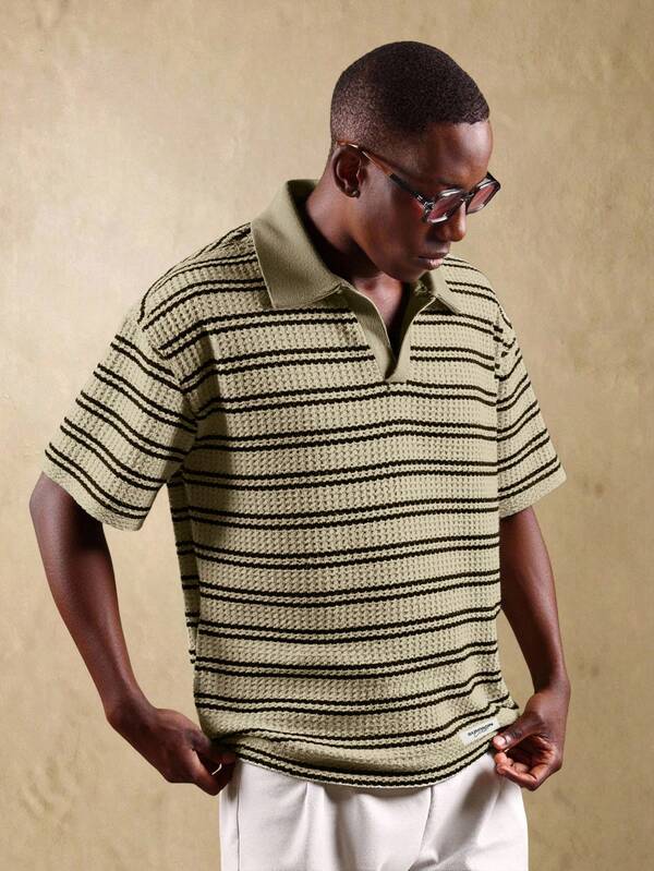 SUMWON Camisa polo de punto texturizado con ajuste corto, de manga corta, con cuello, de estilo clásico de rayas, para uso casual, de negocios, inteligente, de uso diario, de estilo vintage, de resort, preppy, cómoda, de fin de semana y de ocio