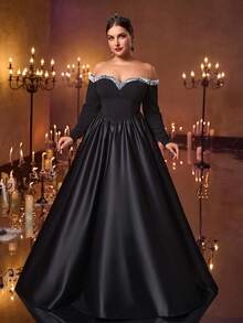 Glamrae Große Größen elegantes luxuriöses schwarzes elastisches Strick-Off-Shoulder Kleid mit Satinpatchwork, Perlenverzierung und Langarm, geeignet für Hochzeiten, Partys, Galas, Urlaub, formelle Anlässe (stark verziert)