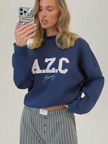 AiiRZ Oversized Collegiate Letter Print Sweatshirt AZC Logo Pullover Autumn Winter Casual Streetwear Long Sleeve Crew Neck Jumper - Blue - View 6