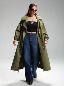LYSMO Plus Size Solid Color Double-Breasted Long Trench Coat Winter Fall Autumn