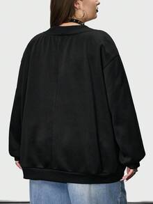 SHEIN CURVE+ 女式加大码 V 领骷髅手指花卉印花黑色加大码宽松羊毛运动衫冬季秋季秋冬 - 黑色 - 查看 3